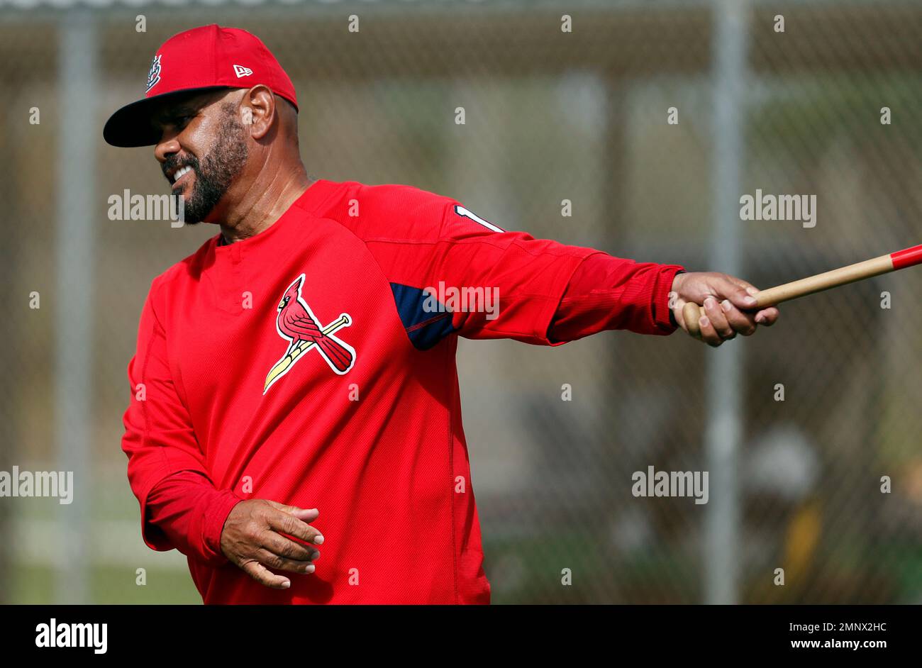 St. Louis Cardinals third base coach Jose Oquendo hits grounders during