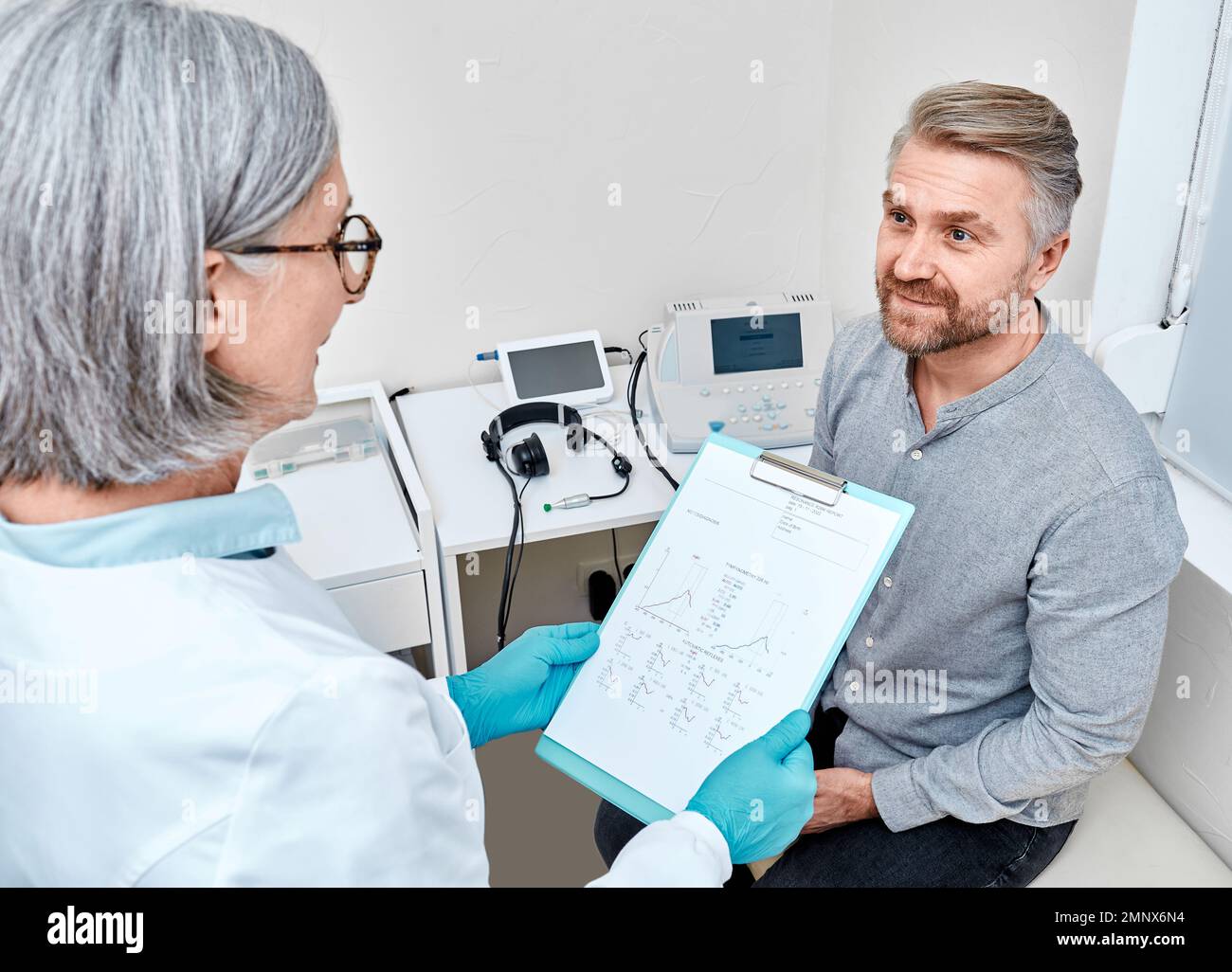 Male patient has good tympanometry results after hearing test with