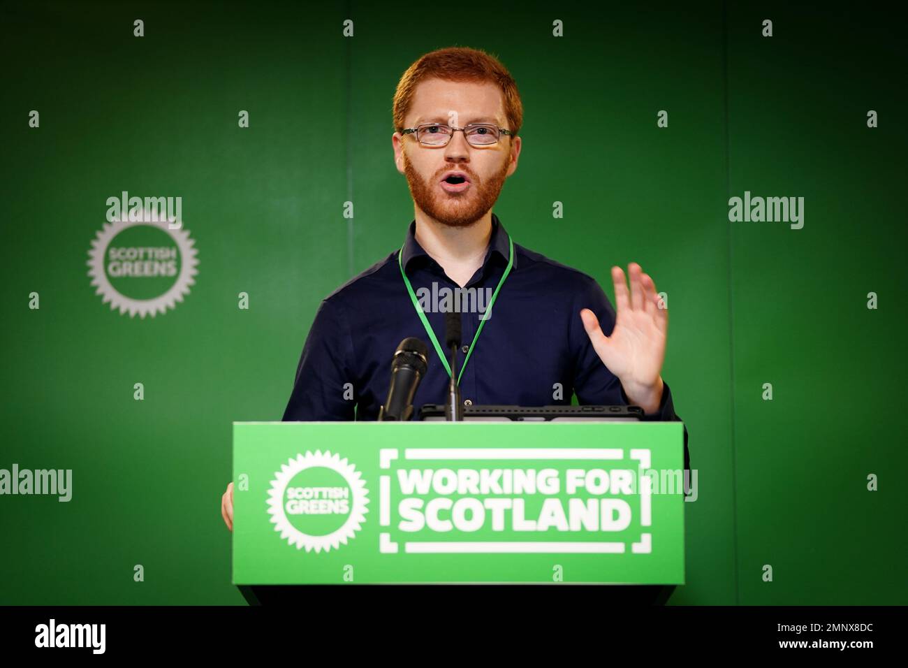 File photo dated 12/03/22 of Ross Greer speaking at the Scottish Green Party conference at the Stirling Court Hotel in the grounds of the University of Stirling. Mr Greer has said Brexit had been an 'unmitigated disaster' which was 'based on snake oil promises by Tory fantasists who wanted to live out their isolationist and imperialist fantasies'. Holyrood's governing parties have said Scottish independence is the only way to escape the 'unmitigated disaster' of Brexit as the UK marks the third anniversary of leaving the bloc. Issue date: Tuesday January 31, 2023. Stock Photo