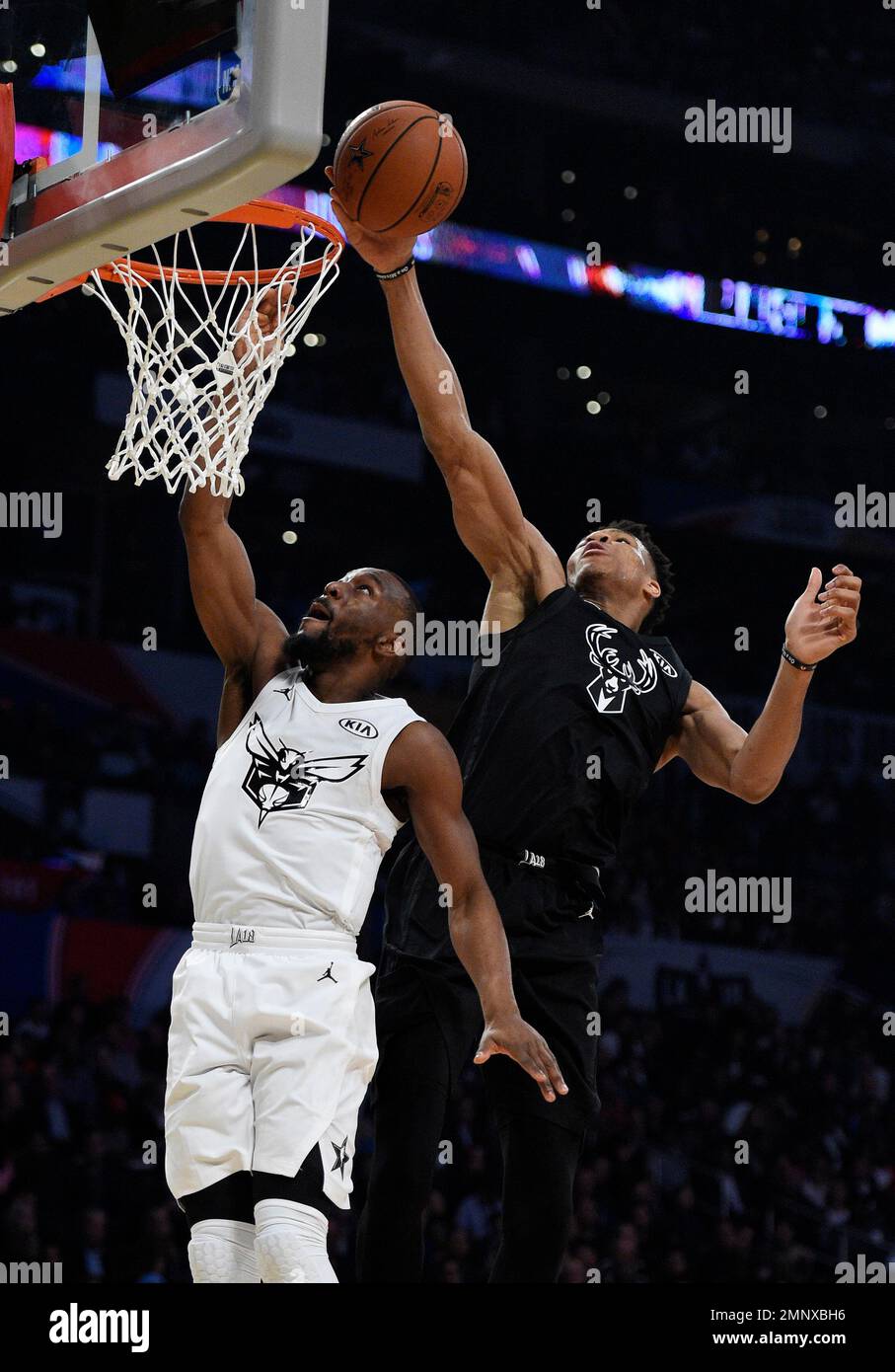 Giannis Antetokounmpo of Team Giannis blocks a shot attempt from LeBron  James of Team LeBron in the fourth quarter of the NBA All-Star Game on  Sunday, Feb. 16, 2020 at the United