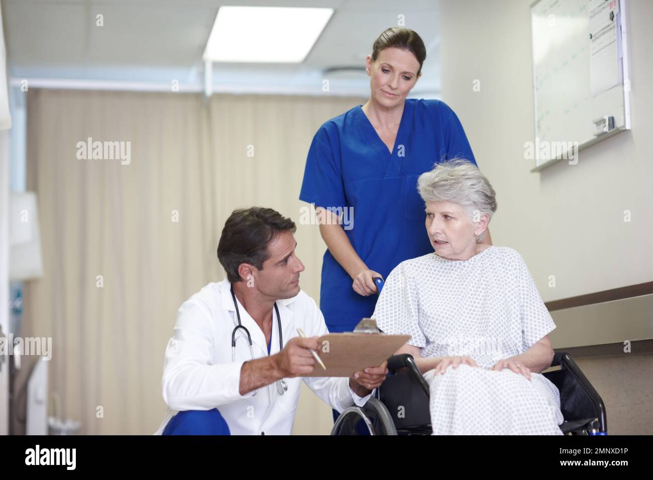 Is it serious. A female nurse pushing a senior patient in a wheelchair ...
