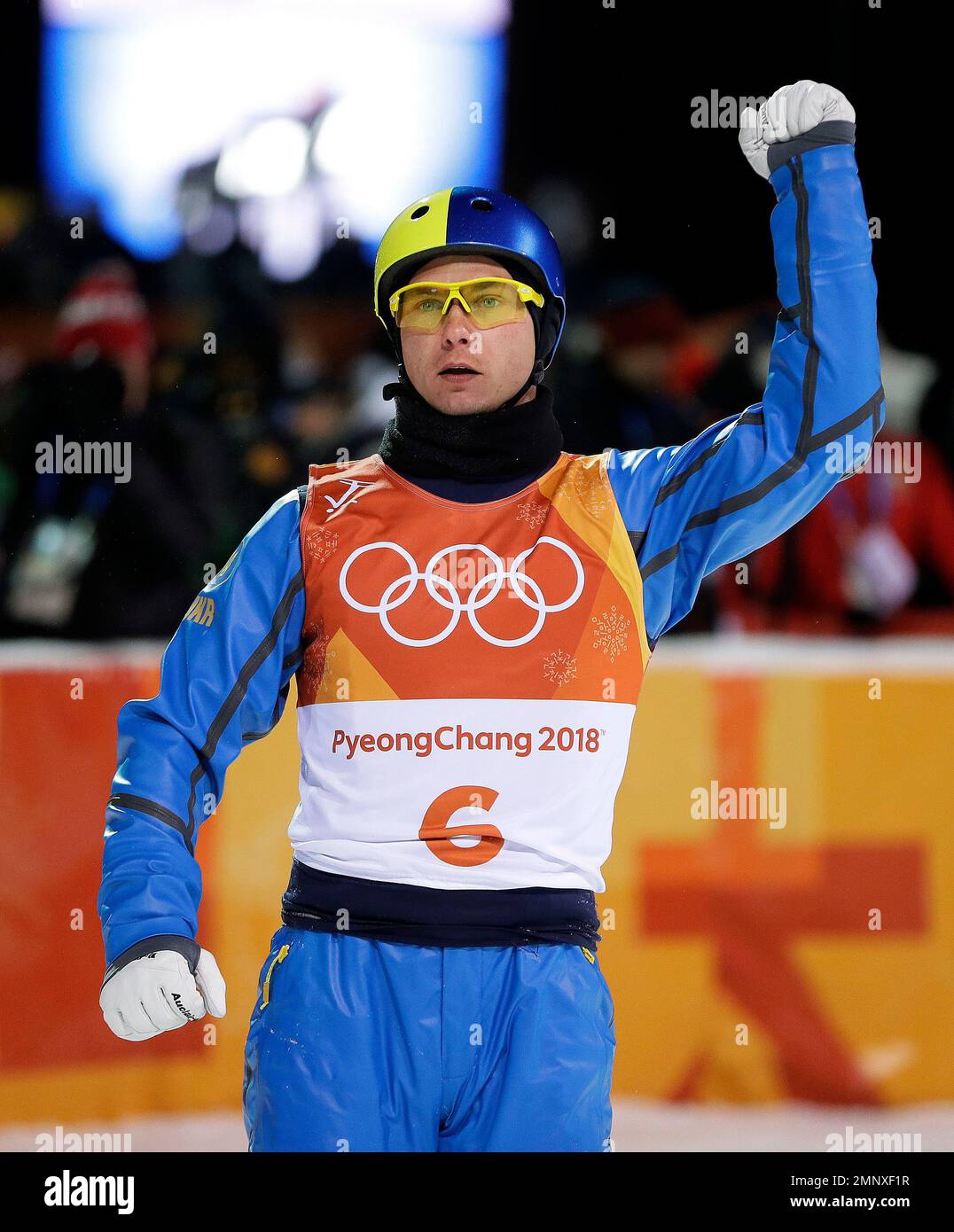 Oleksandr Abramenko, of Ukraine, reacts after his run during the men's