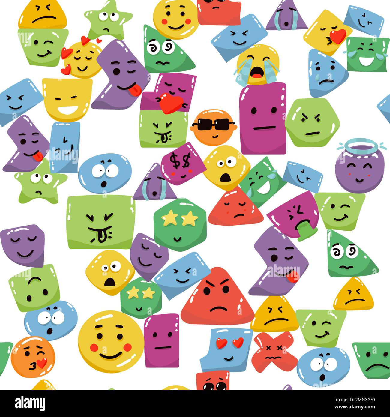 Cute seamless pattern with emoji and abstract geometric shapes in ...