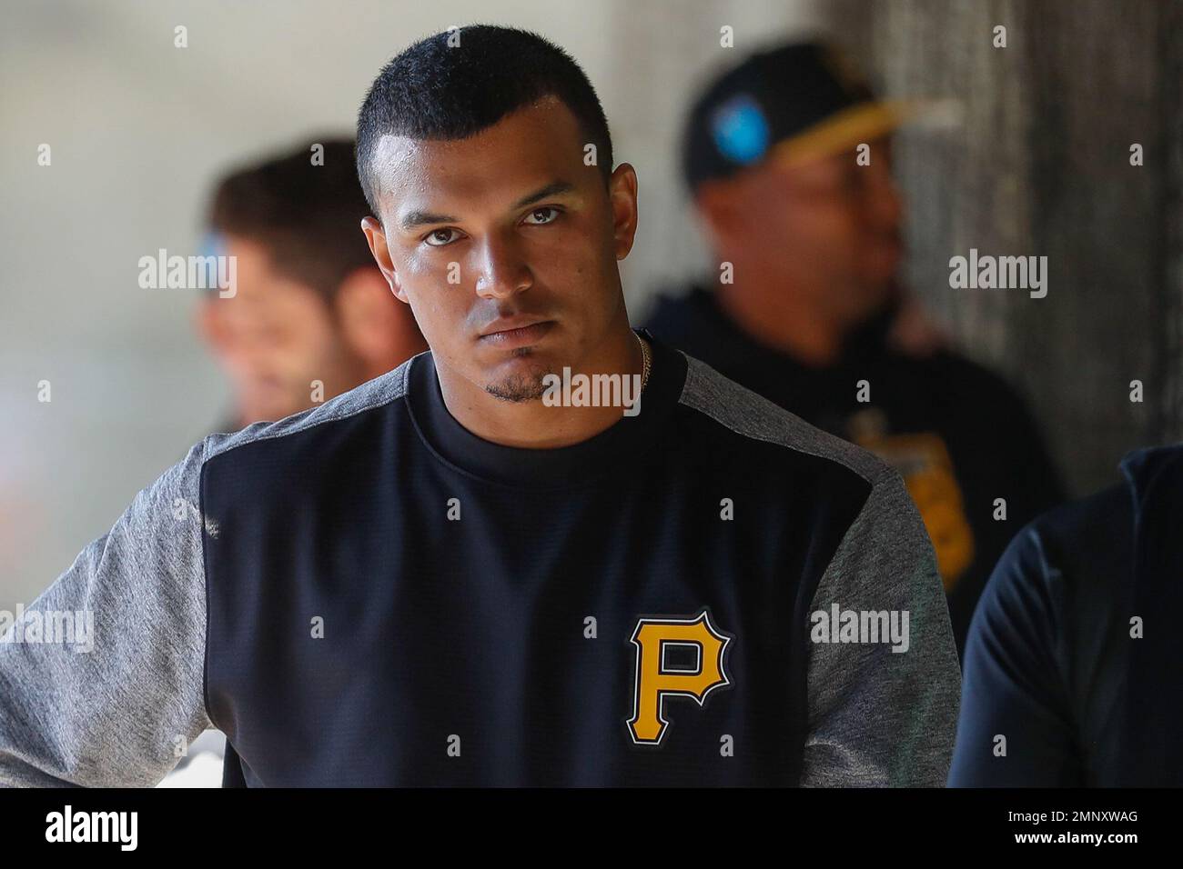 Pittsburgh Pirates' Jose Osuna stands in the batting cages during baseball spring training
