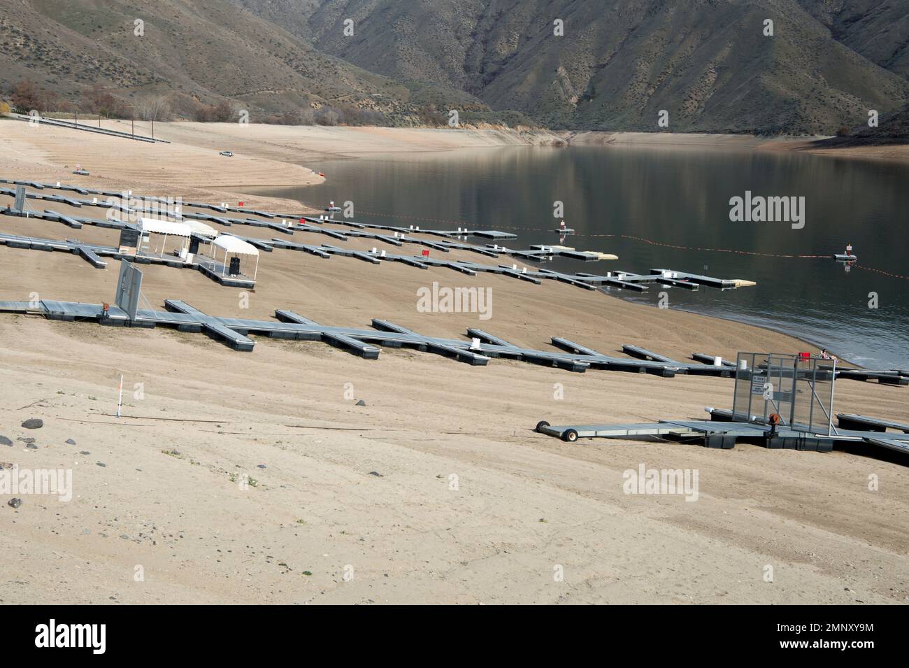 Lucky Peak Lake (Reservoir) on the Boise River drainage, SW Idaho, at critically low water level (50% capacity) in early April 2022. Stock Photo