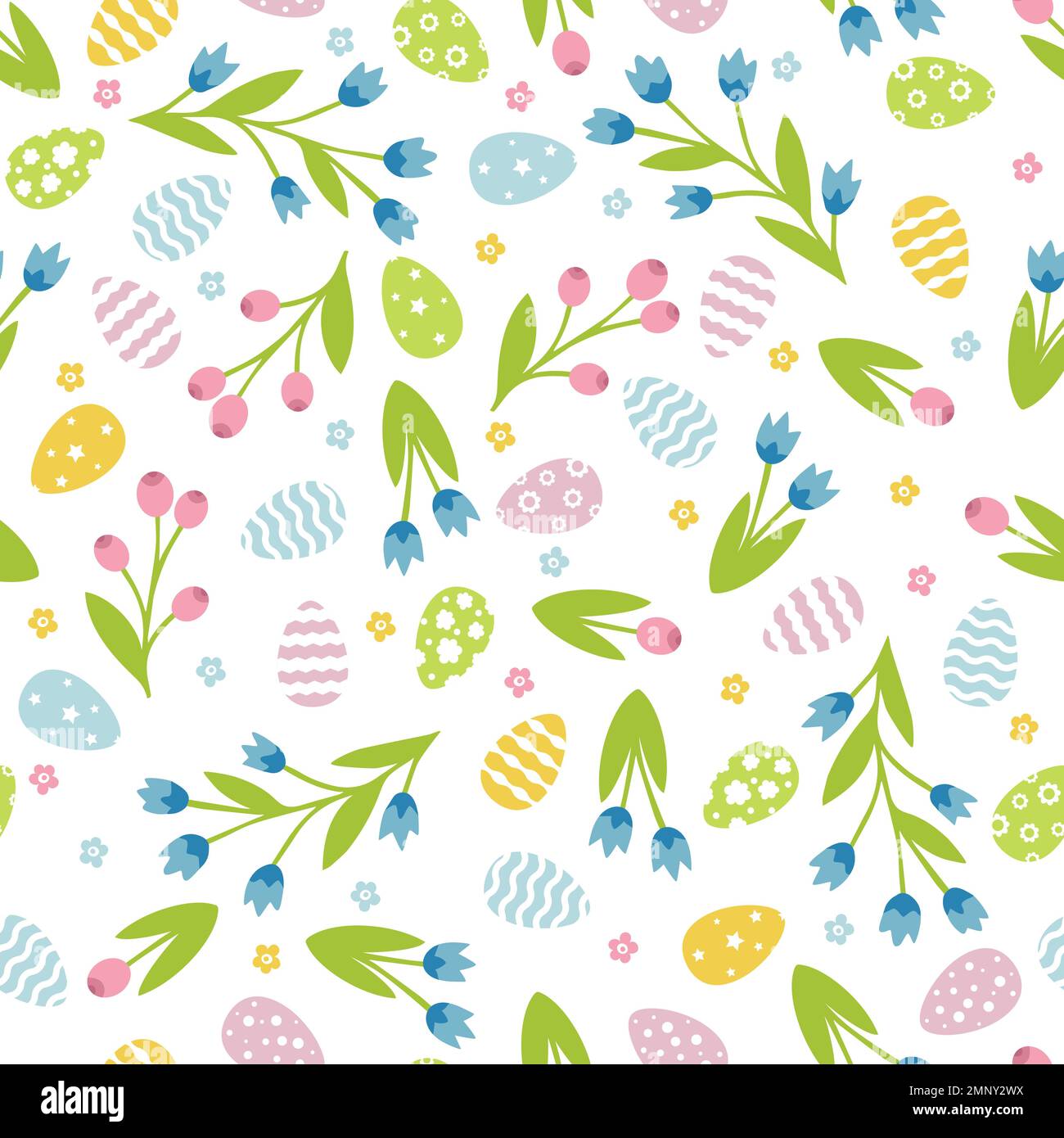 Cute seamless pattern with easter and floral elements. Seamless pattern with eggs and simple flowers Stock Vector