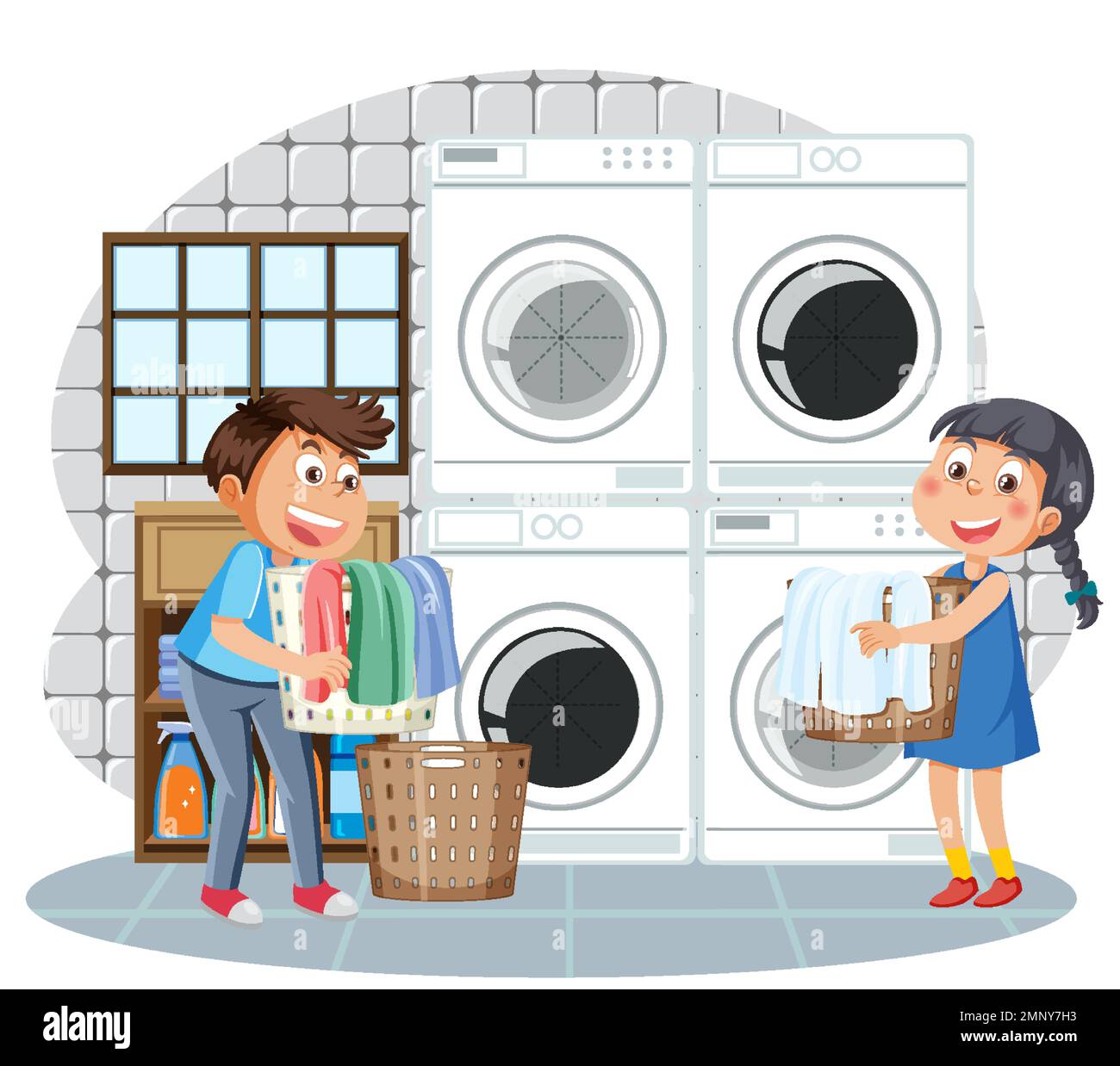 Kids doing laundry with washing machine illustration Stock Vector Image