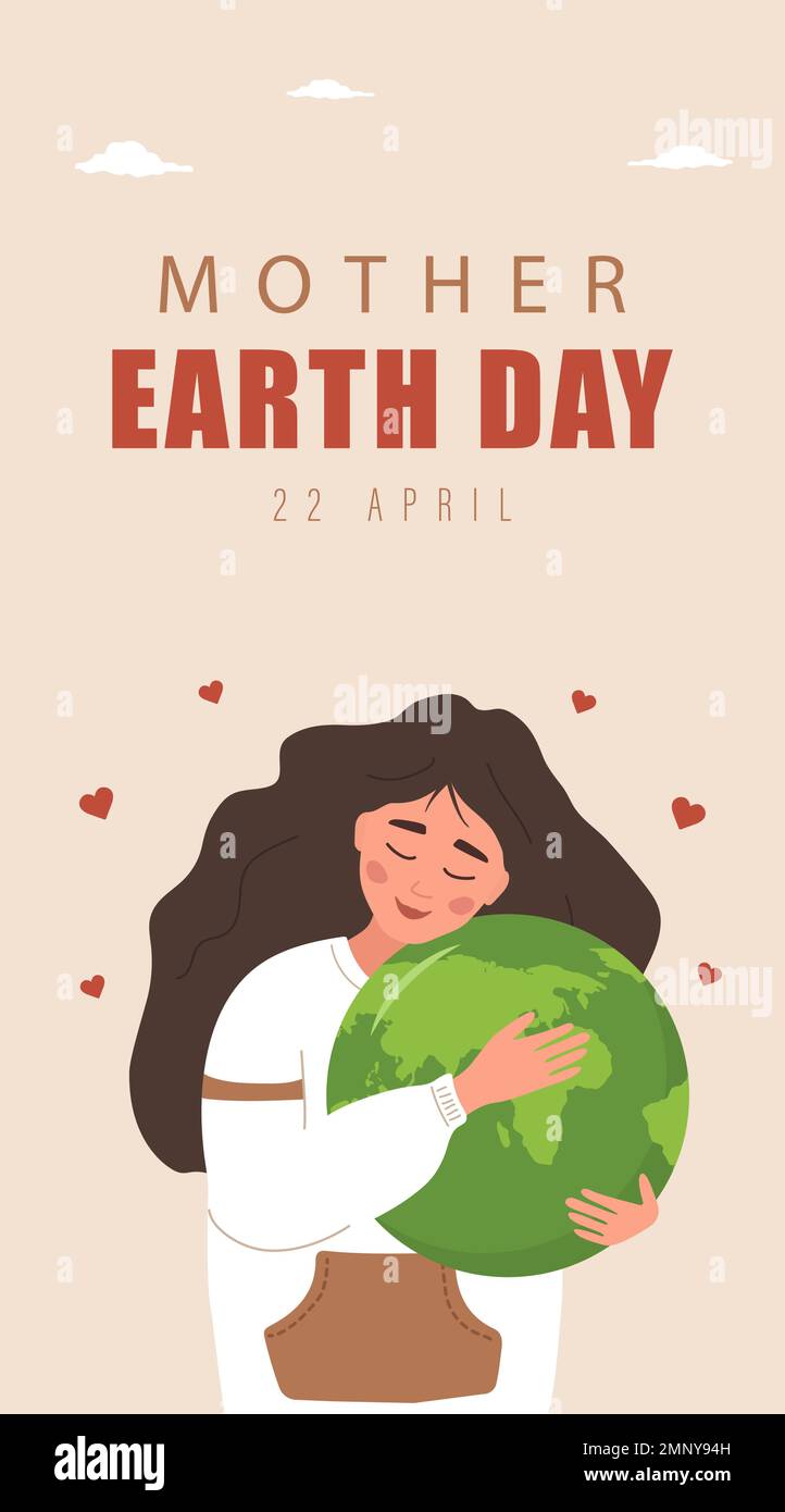 Mother Earth day stories template. Cute girl expresses love to planet. Caring for Nature. Banner, brochure and poster design. Vector illustration in Stock Vector