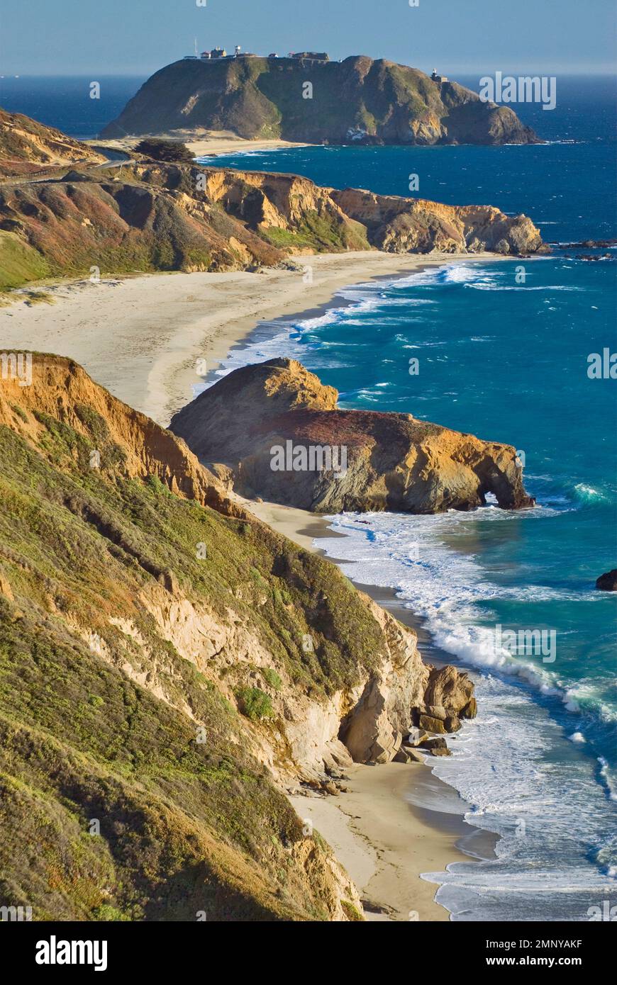 Point Sur Light Station State Historic Park, distant view from Highway One, Big Sur, California, USA Stock Photo