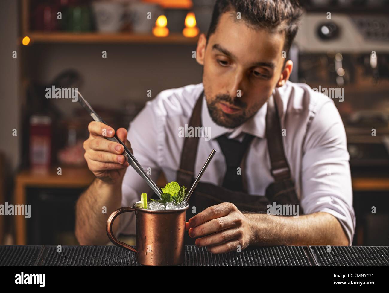 Mix of vodka, ginger beer and fresh lime juice garnishing with mint Stock Photo