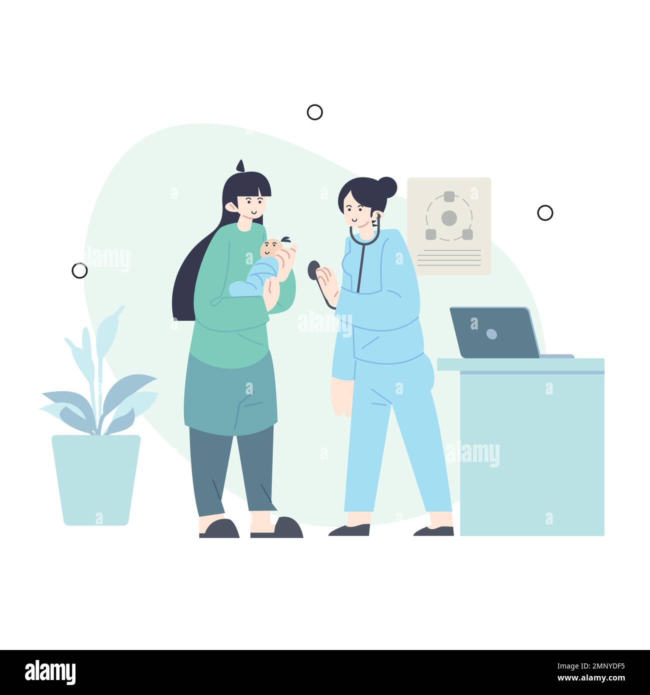 illustration of a mother and her baby child being in the hospital. infirmary. clinic. healthcare concept.Character professional physician on workplace Stock Vector