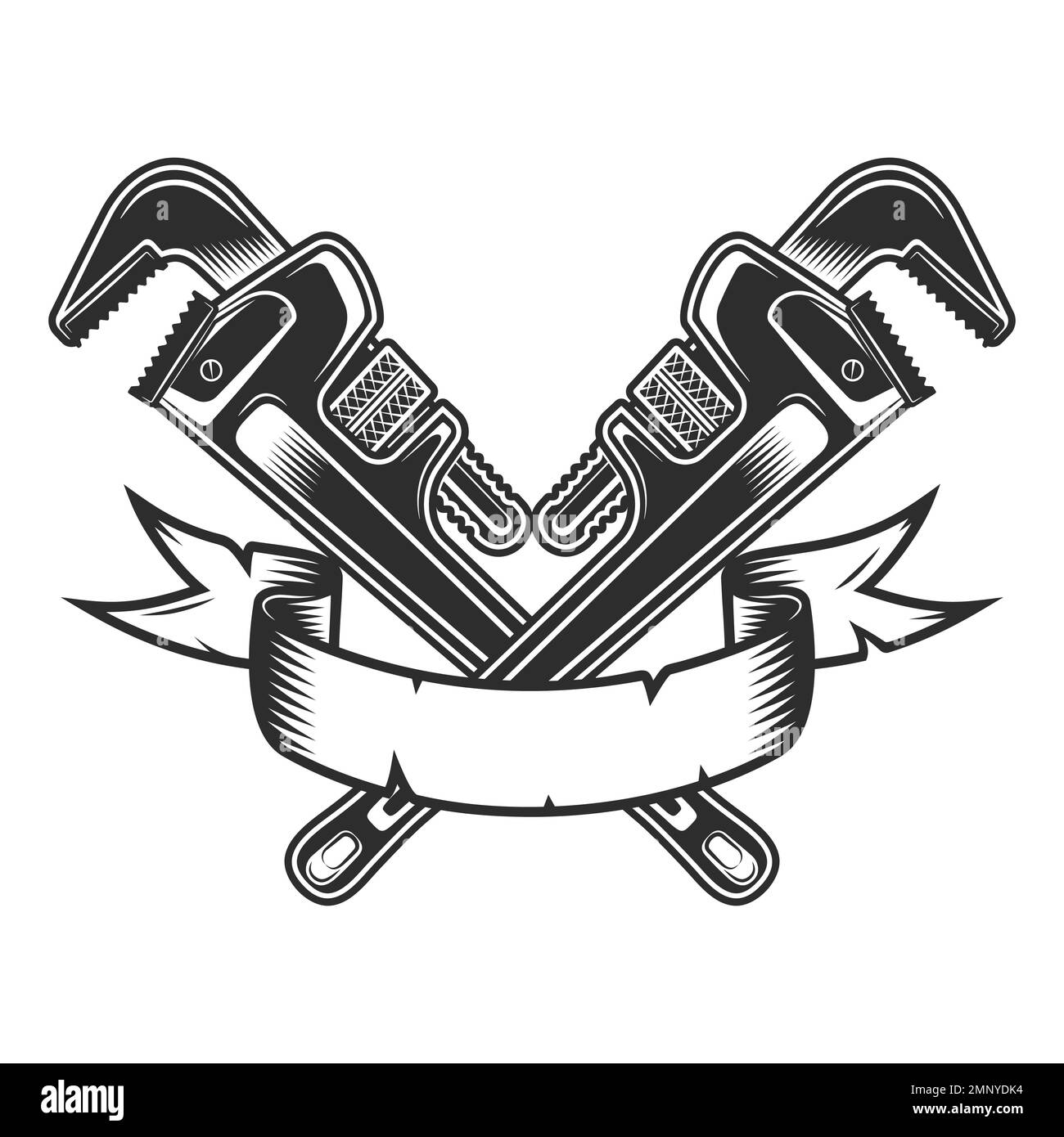 Vintage body shop mechanic spanner repair tool or construction wrench for gas and builder plumbing pipe with ribbon illustration Stock Vector