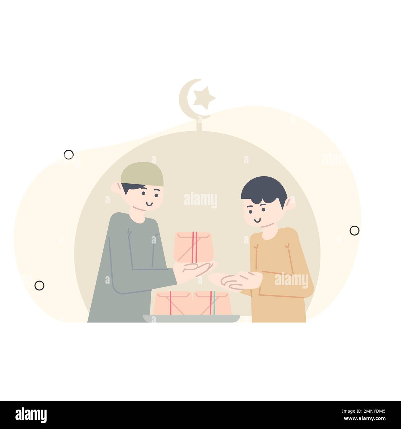 a man who gives rice to break the fast. Ramadan illustration. Giving rice packs to people who are fasting. Stock Vector