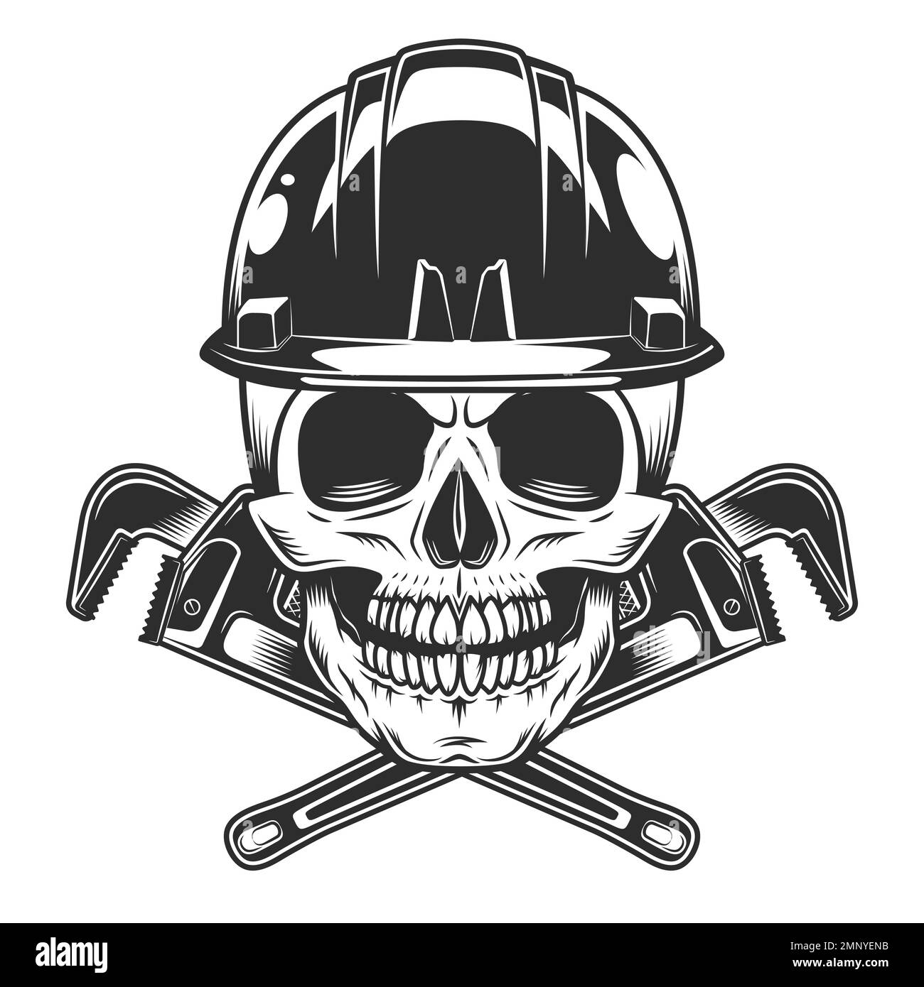 Vintage skull in hard hat with body shop mechanic spanner repair tool