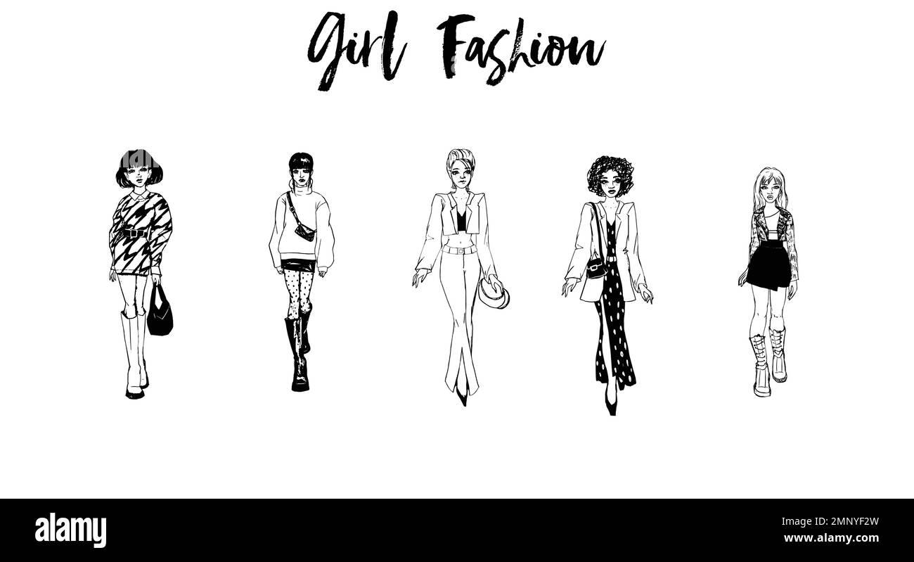 Collection of stylish young women dressed in trendy clothes. Vector ...
