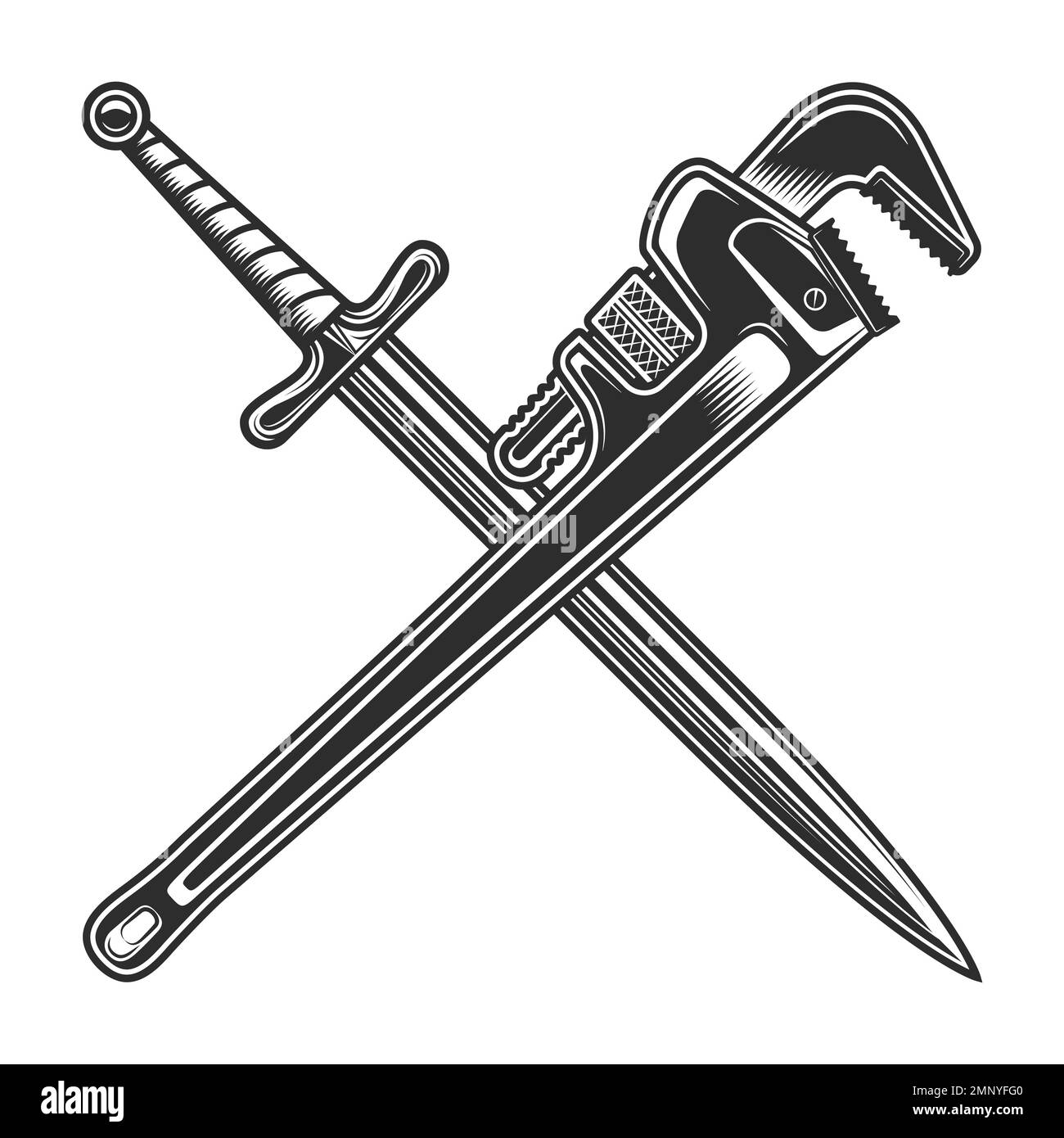 Vintage sword and body shop mechanic spanner repair tool or construction wrench for gas and builder plumbing pipe in monochrome style illustration Stock Vector