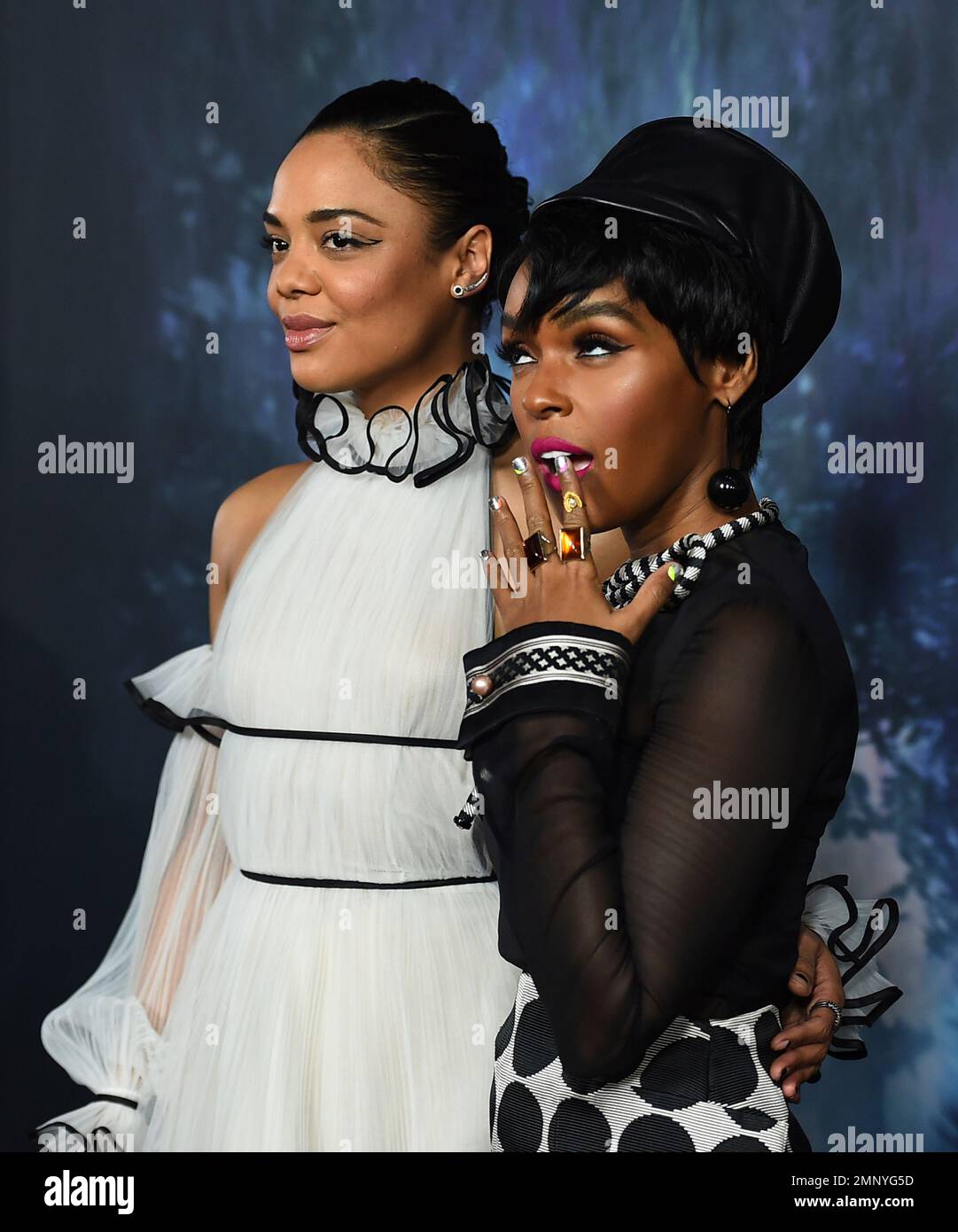 Tessa Thompson, left, and Janelle Monae arrive at the Los Angeles