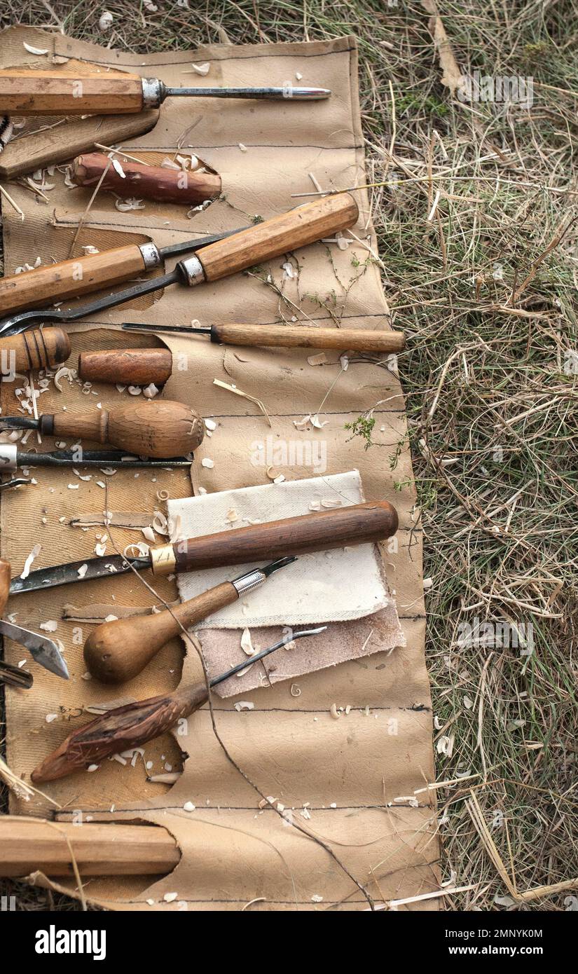 old wood carving tools background Stock Photo - Alamy