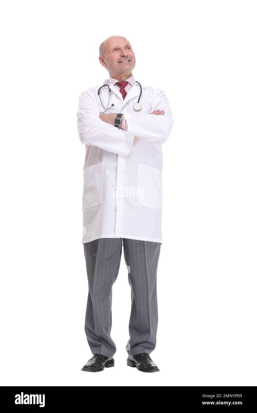 Portrait of a serious mature male doctor in lab coat standing with arms crossed Stock Photo Alamy