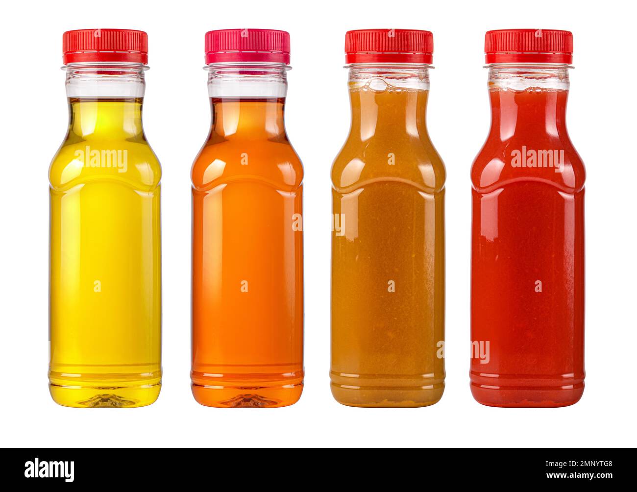 Set of juice in plastic bottles isolated on white background Stock