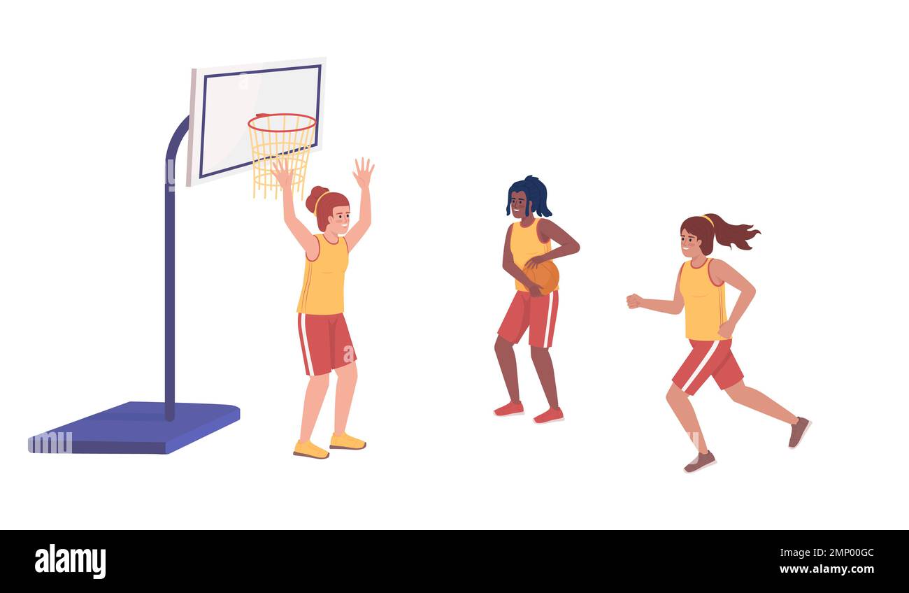 Sporty girls playing basketball together semi flat color vector characters Stock Vector