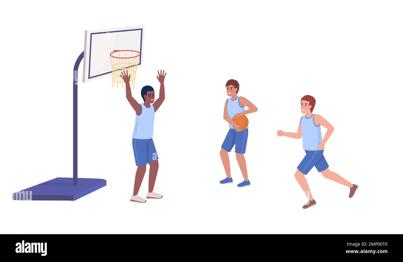 Athletic boys playing basketball in team semi flat color vector