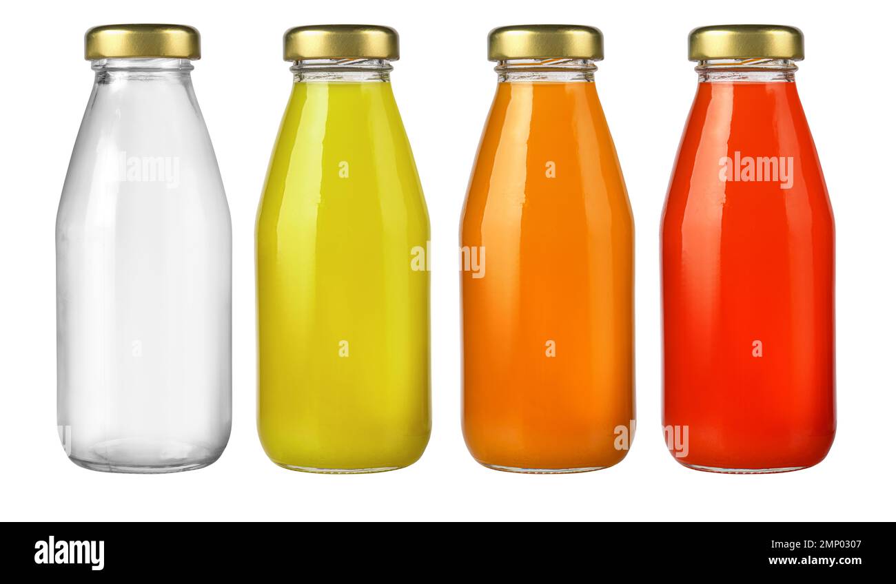 Set of Juice glass bottles andEmpty glass bottle with lid isolated on