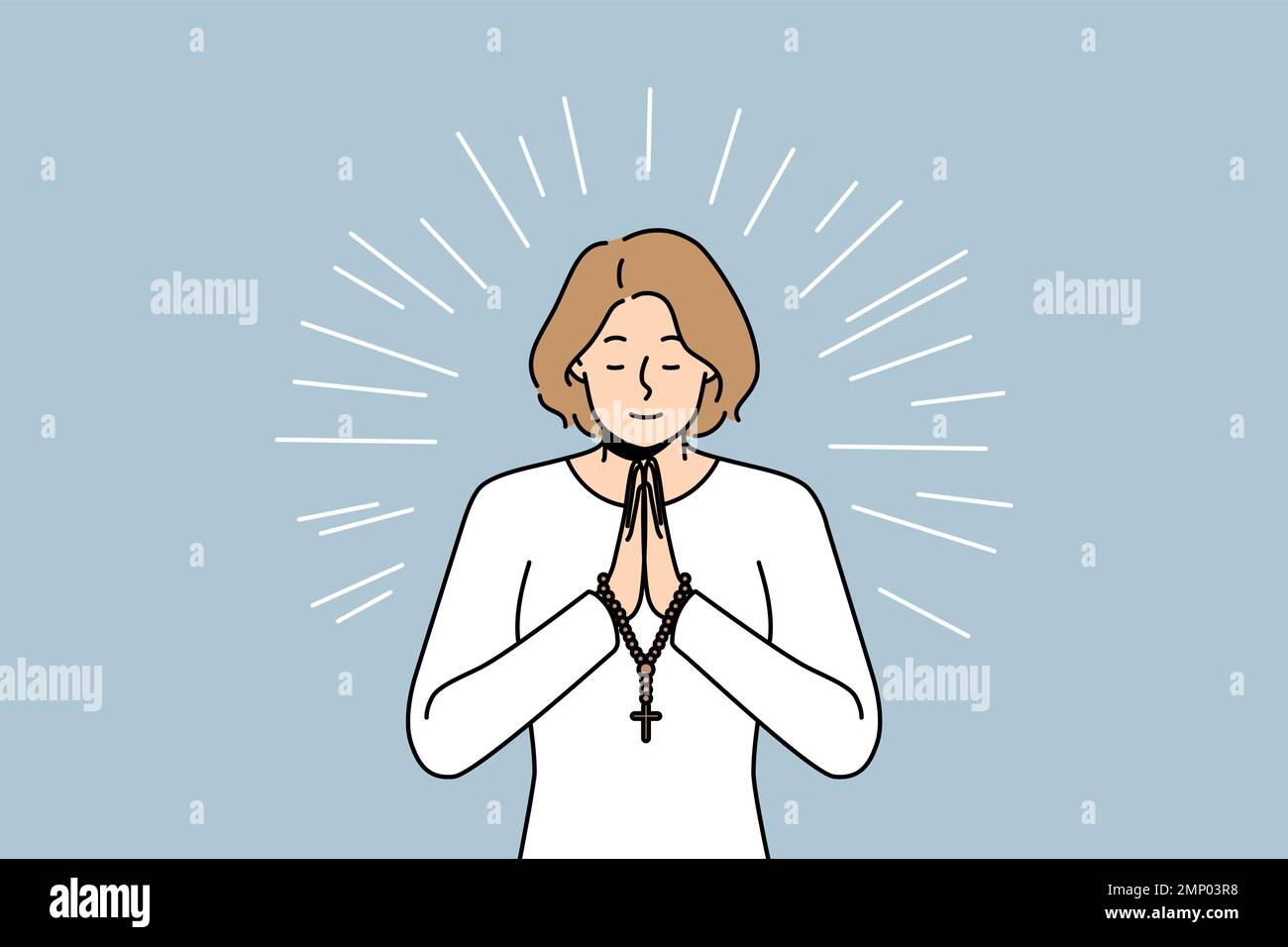 Hopeful religious young woman with rosary in hands praying. Superstitious female ask God for good fate and fortune. Religion and faith. Vector illustration.  Stock Vector