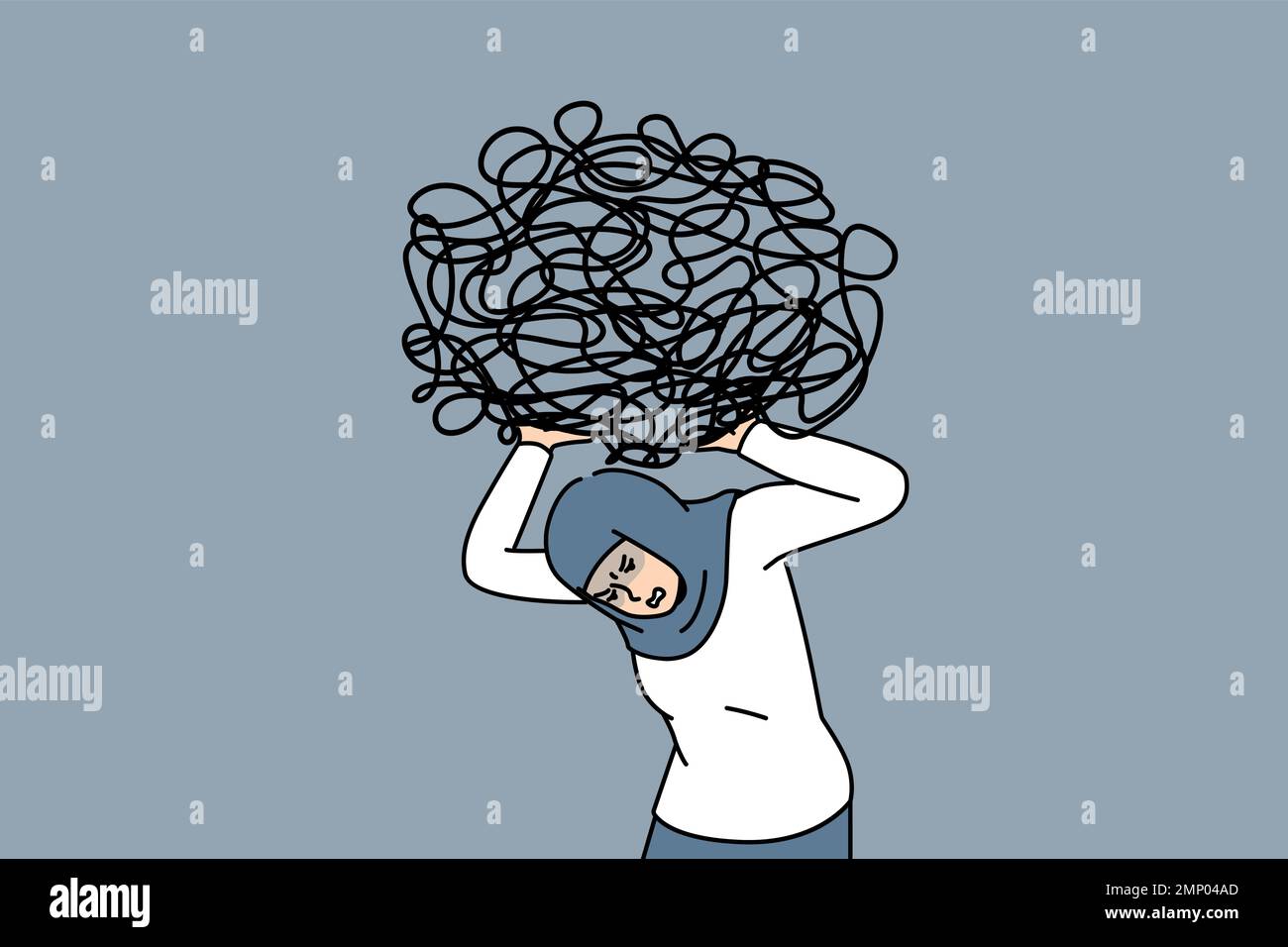 Unhappy Arabic businesswoman carrying on shoulder heavy messy load suffer from work difficulties and crisis. Distressed arab female employee with burden on back. Vector illustration.  Stock Vector