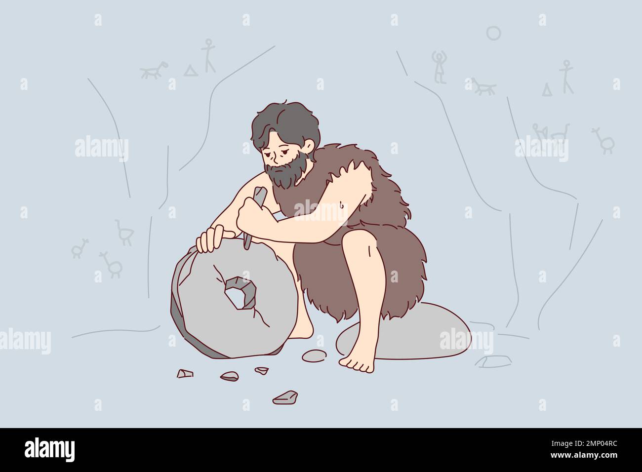 Ancient man with beard who lives in cave uses stone tool to create wheel. Neanderthal man in cloak made of animal skin invents primitive devices for grinding grain. Flat vector illustration  Stock Vector