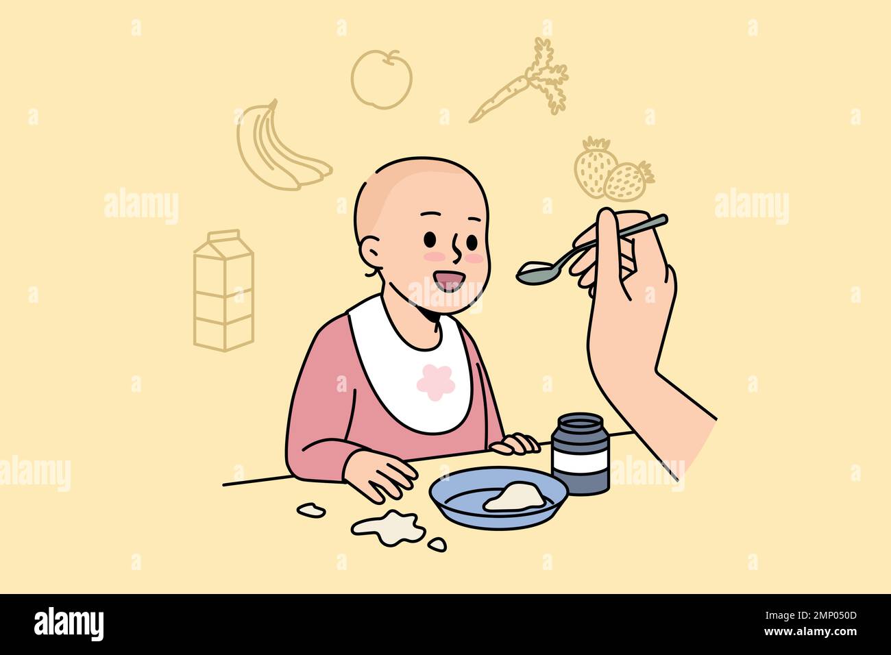 Cute baby getting feed by mom at home. Smiling toddler try new