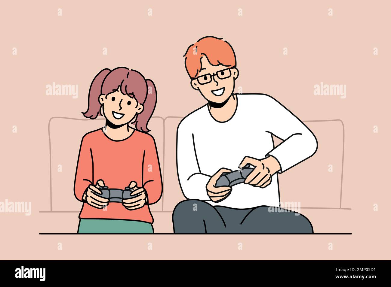 Smiling young father and daughter have fun playing video games together at home. Happy dad and little girl child enjoy computer gaming on weekend. Vector illustration.  Stock Vector