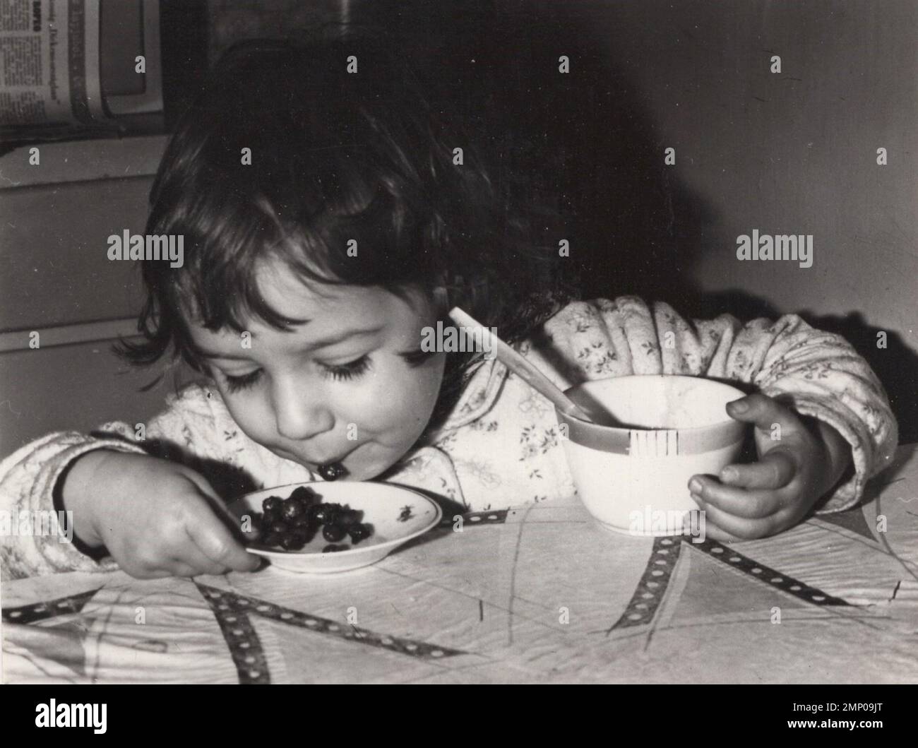 vintage moment / vintage funny moment / vintage photograph / power of the moment / magic moments / vintage eating / eating / little child is eating cherry from a big plate with spoon. the cherry is not seedless hence he/she had to manually remove the seed at the 1930s. Stock Photo