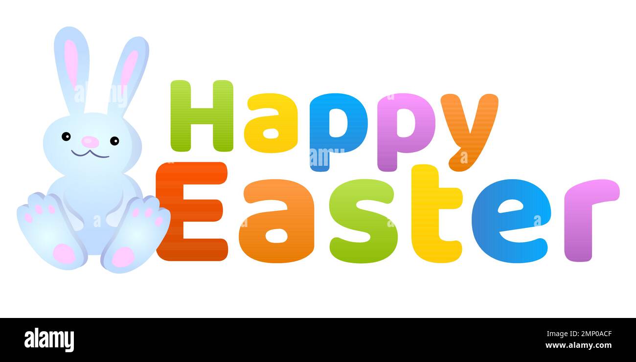 Happy Easter greetings text with cute cartoon bunny. Colorful and