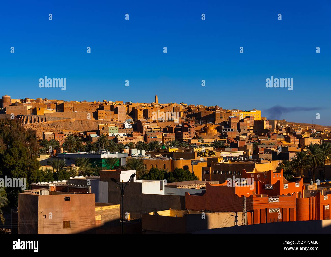 View of the old town with a minaret at the top, North Africa, Ghardaia, Algeria Stock Photo
