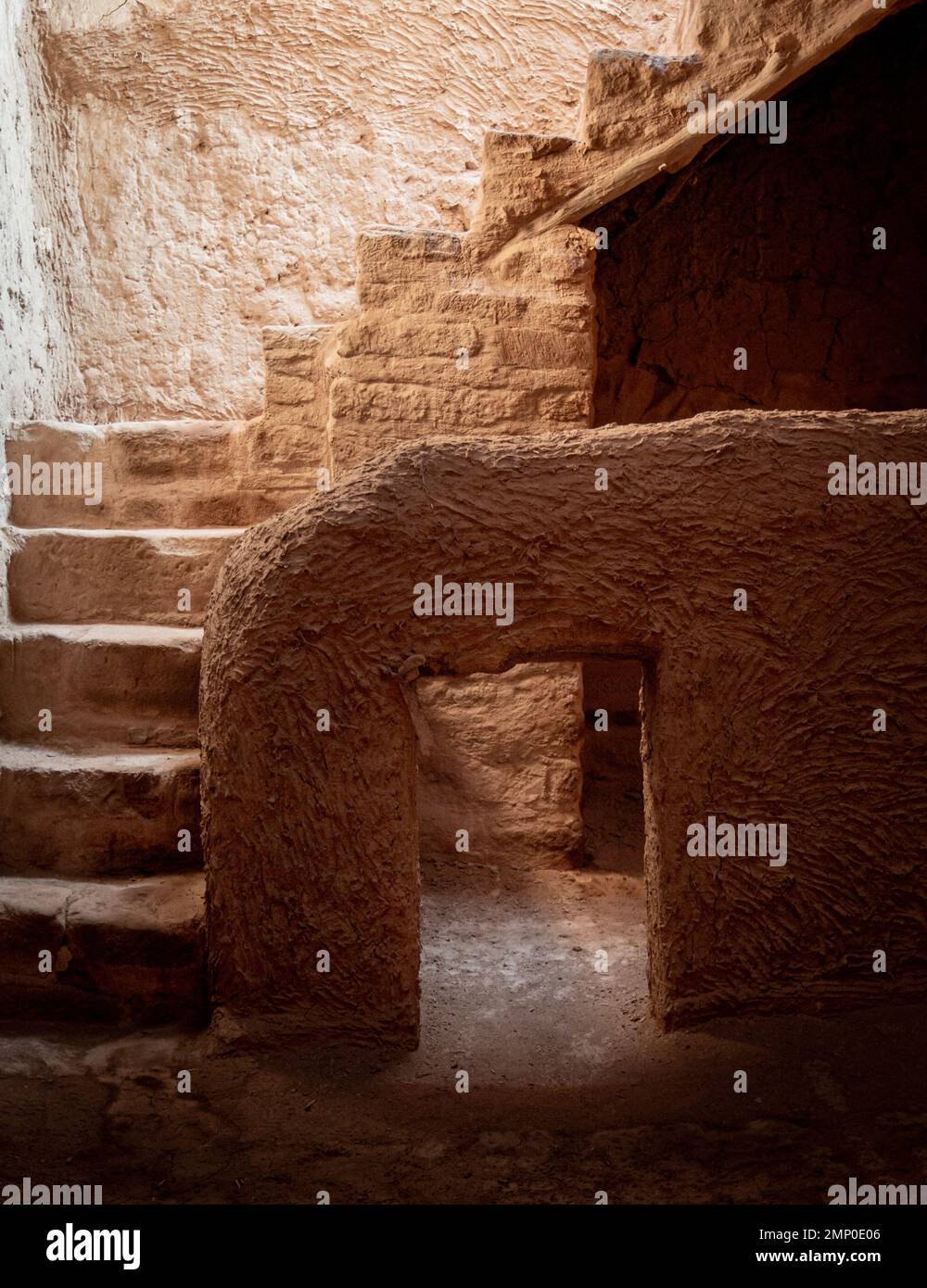 Alula Old Town City, Saudi Arabia. Alula's 900 years old stairs from a House in the restored area of the Town in Saudi Arabia. Medinah Area. Stock Photo