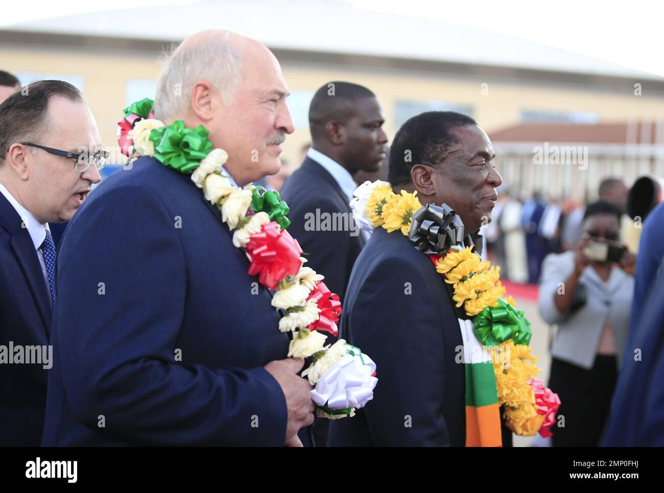 Harare, Robert Gabriel Mugabe International Airport in Harare. 30th Jan, 2023. The president of Belarus, Alexander Lukashenko (front L), accompanied by Zimbabwean President Emmerson Mnangagwa (R), inspects a guard of honor after arriving at Robert Gabriel Mugabe International Airport in Harare, Zimbabwe on Jan. 30, 2023. Credit: Shaun Jusa/Xinhua/Alamy Live News Stock Photo