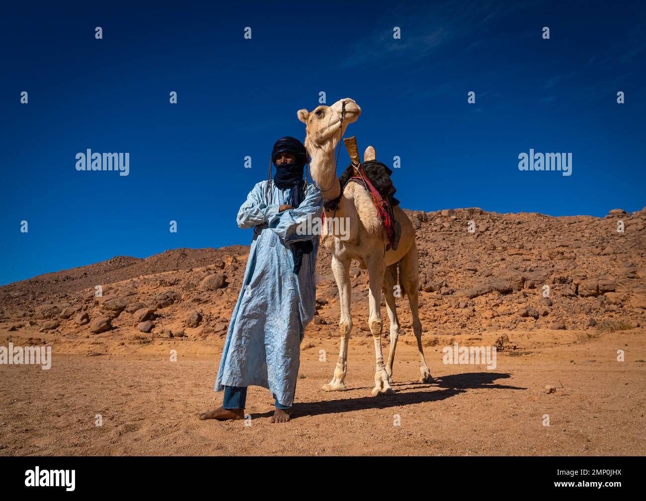 Tuareg man standing in front of his camel in the desert, North Africa, Tamanrasset, Algeria Stock Photo