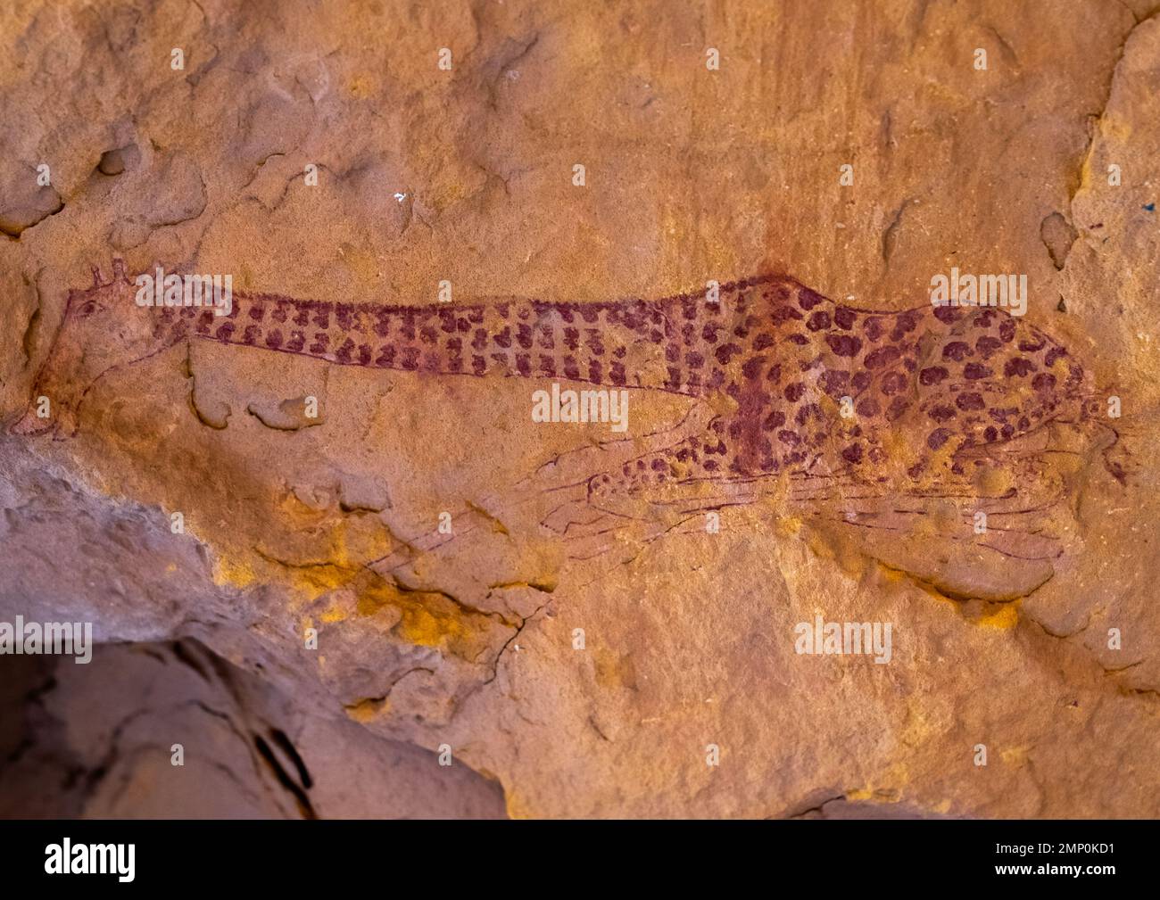 Rock painting depicting a giraffe sleeping, Tassili N'Ajjer National Park, Tadrart Rouge, Algeria Stock Photo