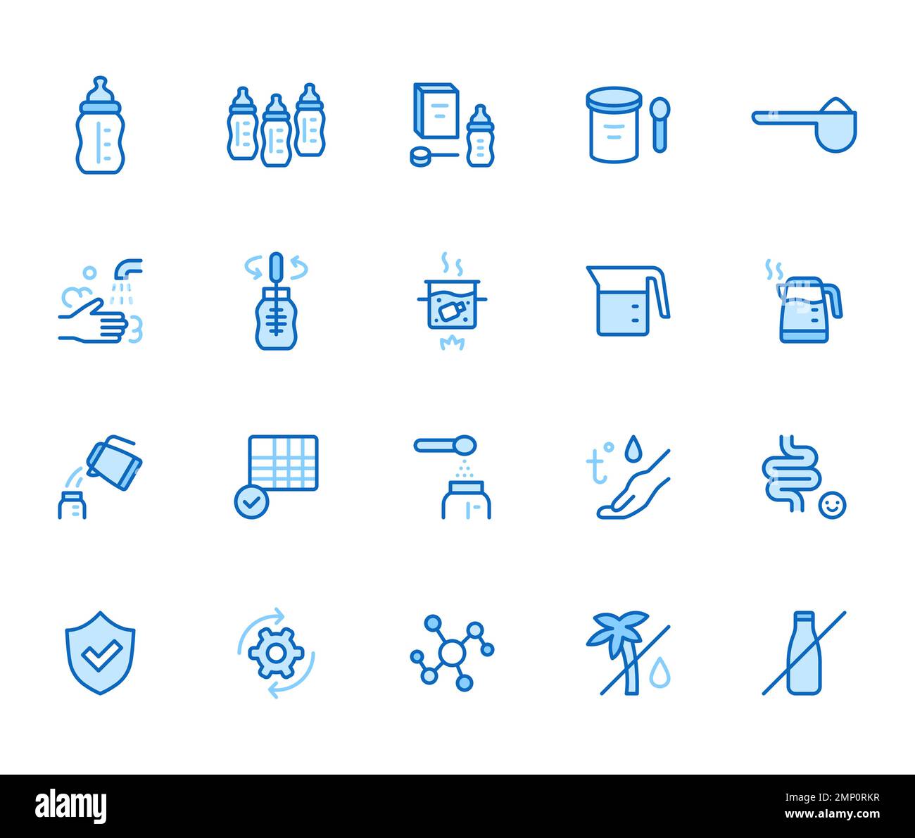 Baby food line icon set. Infant formula bottle, wash hands, sterilize