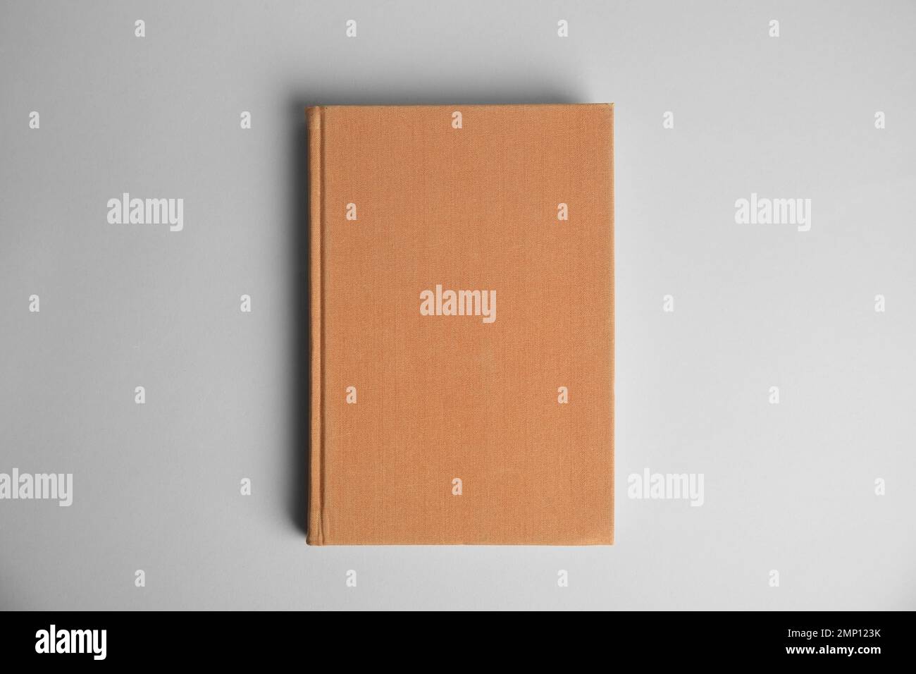 Hardcover book on light grey background, top view. Space for design ...