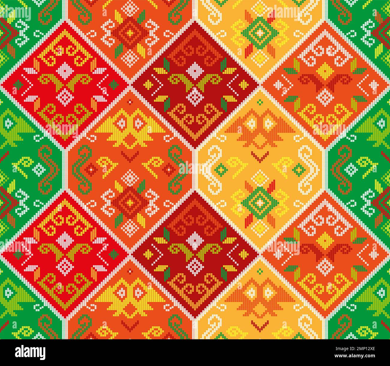 Filipino folk art - Yakan cloth inspired vector seamless pattern, retro textile or fabric print design from Philippines in red, orange and green Stock Vector