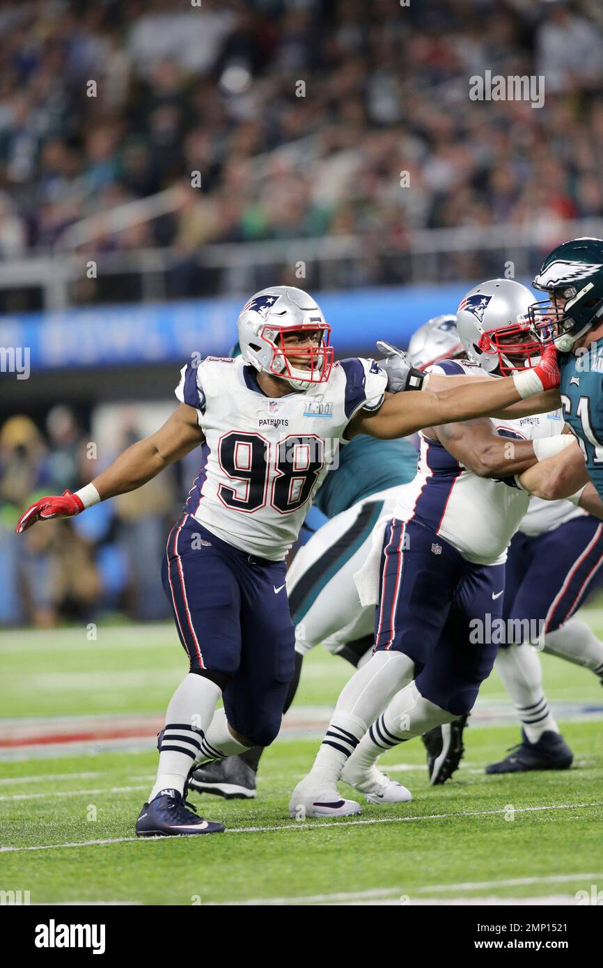 New England Patriots defensive lineman Trey Flowers #98 in action against  the Philadelphia Eagles at Super Bowl 52 on Sunday, February 4, 2018 in  Minneapolis. Philadelphia won the game 41-33.(AP Photo/Gregory Payan