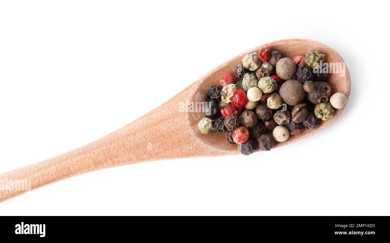 Mix of different pepper grains isolated on white, top view Stock Photo