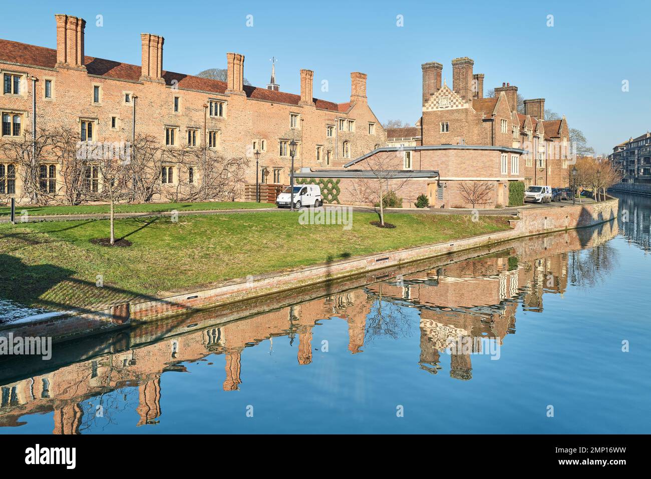 Reflection in the river Cam of Magdalene college, University of Cambridge, England. Stock Photo