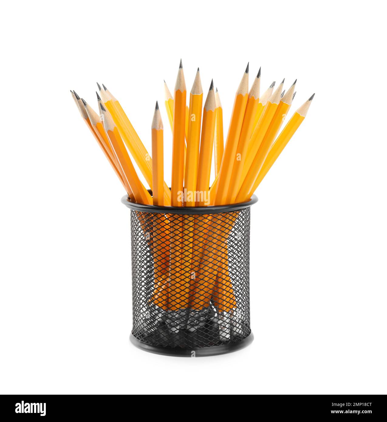 Many sharp pencils in holder isolated on white Stock Photo