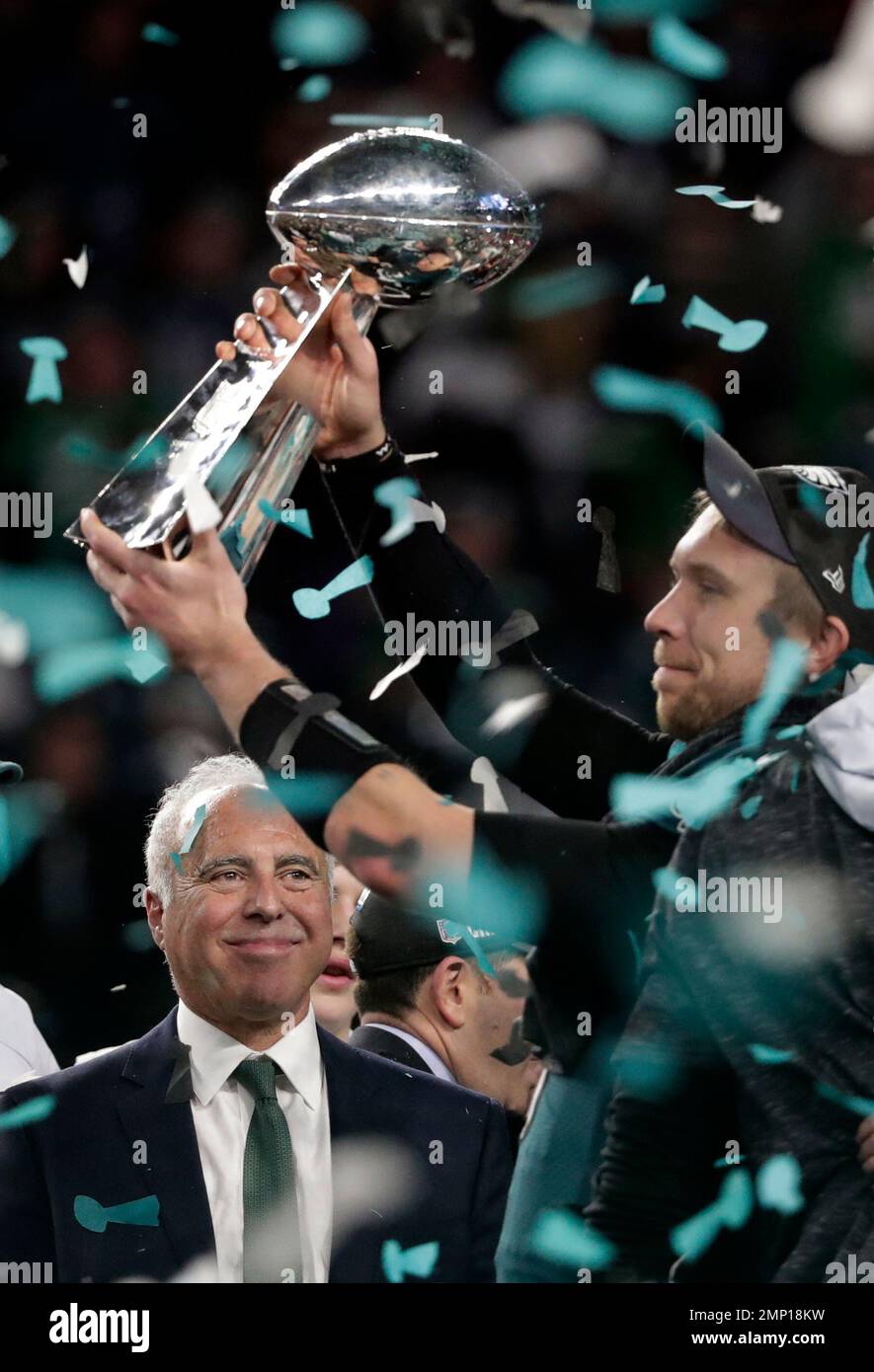 Philadelphia Eagles owner Jeffrey Lurie holds up the Vince Lombardi Trophy  after Super Bowl LII at U.S. Bank Stadium in Minneapolis, Minnesota on  February 4, 2018. The Philadelphia Eagles won 41-33 for