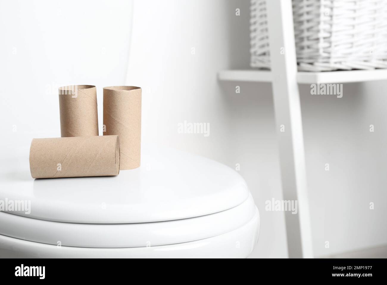 Empty paper rolls on toilet seat in bathroom Stock Photo Alamy