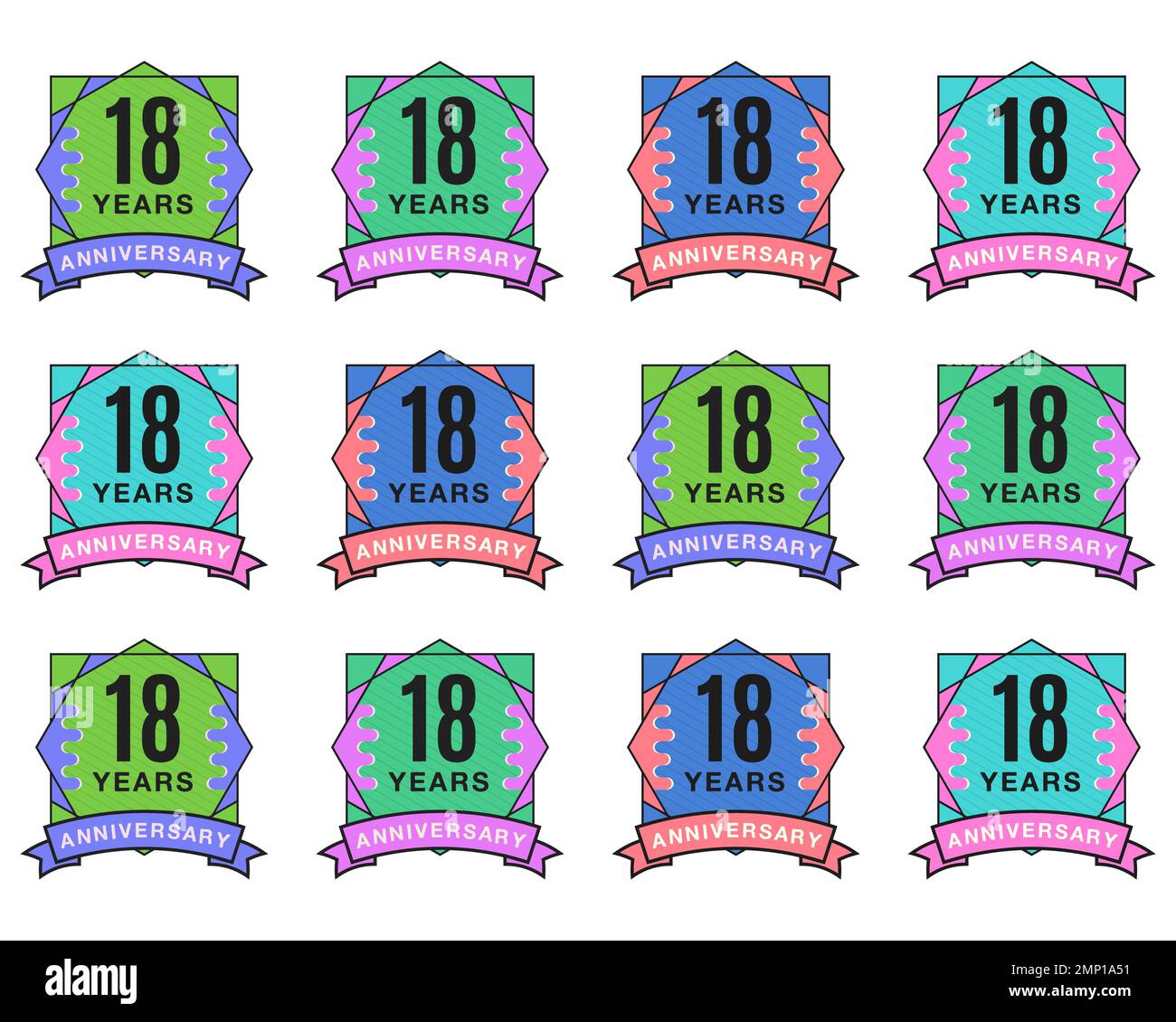 Anniversary Logo Templates Collection. Wedding badges in flat modern style with different color palletes. Birthday anniversary labels set. Stock Stock Vector