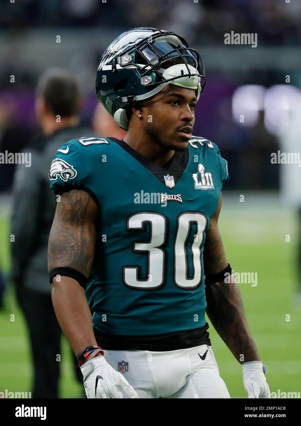 Philadelphia Eagles running back Corey Clement (30), warms up before the NFL  Super Bowl 52 football game against the New England Patriots, Sunday, Feb.  4, 2018, in Minneapolis. (AP Photo/Charlie Neibergall Stock Photo - Alamy